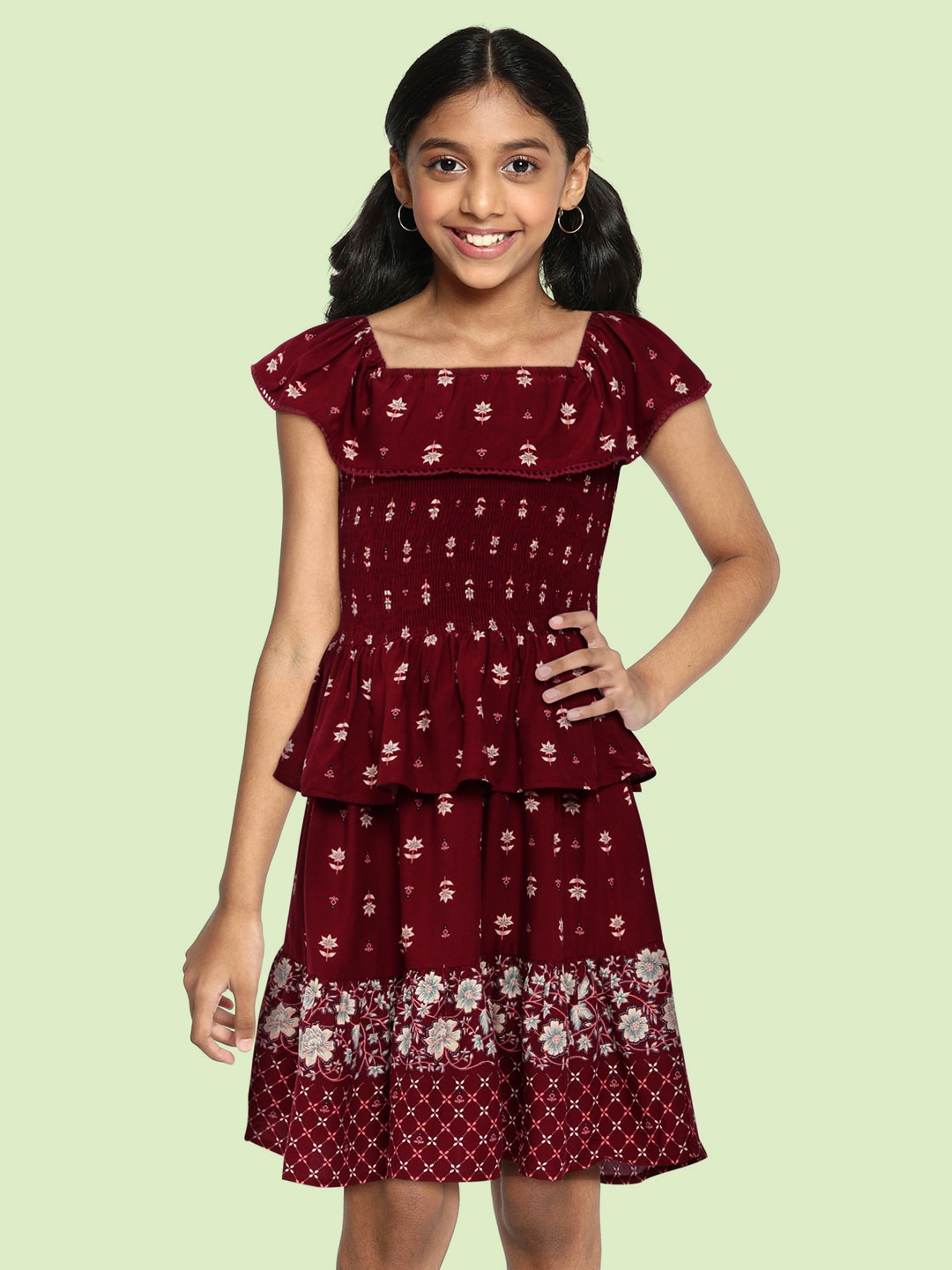 

Global Desi Girls Maroon Printed Fit & Flare Dress