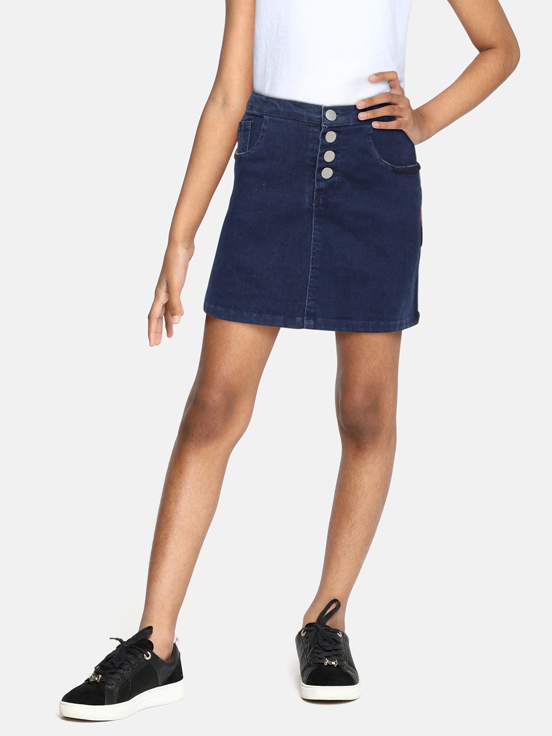 

Global Desi Girls Navy Blue Solid Denim A-Line Skirt