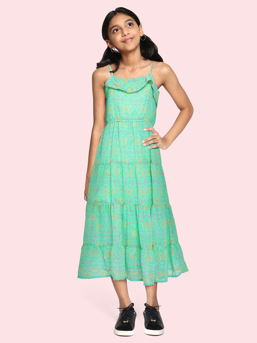 

Global Desi Girls Sea Green Printed Midi Tiered Midi Dress