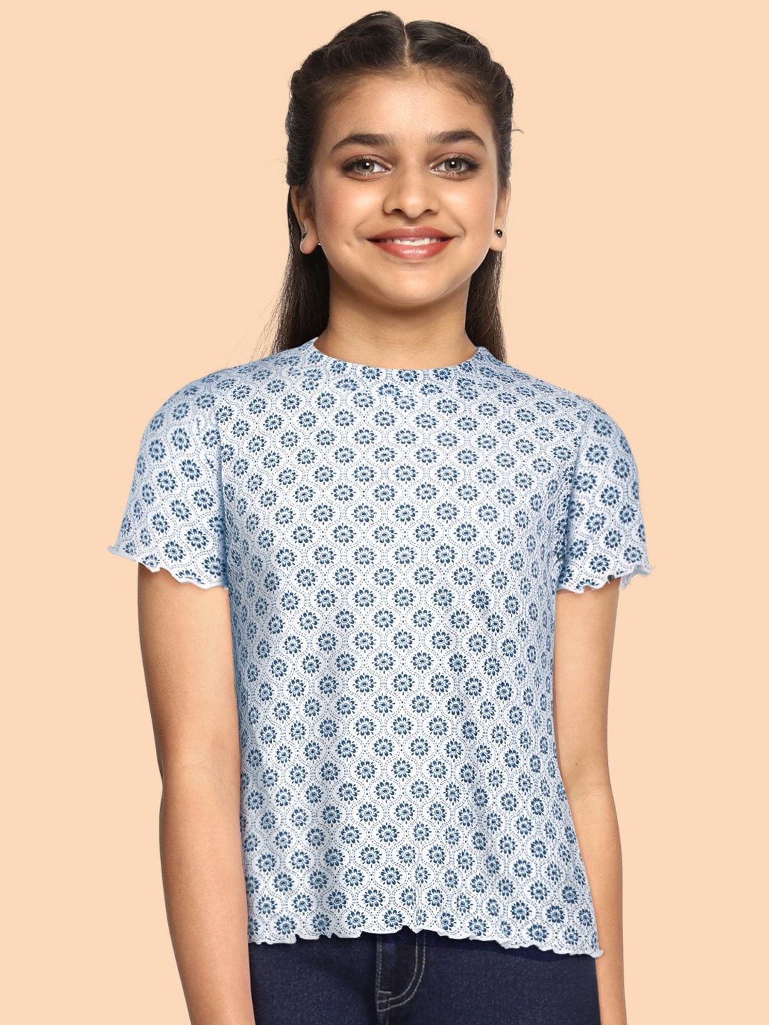 

Global Desi Girls White & Blue Printed T-shirt