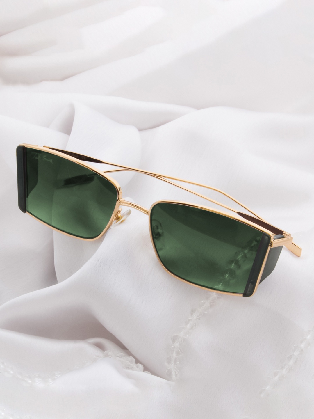 

Ted Smith Unisex Green Lens & Gold-Toned Rectangle Sunglasses with UV Protected Lens