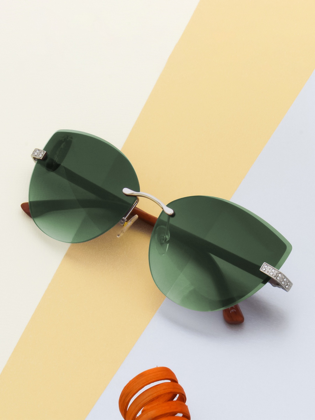

Ted Smith Women Green Lens & Silver-Toned Rimless Cateye Sunglasses