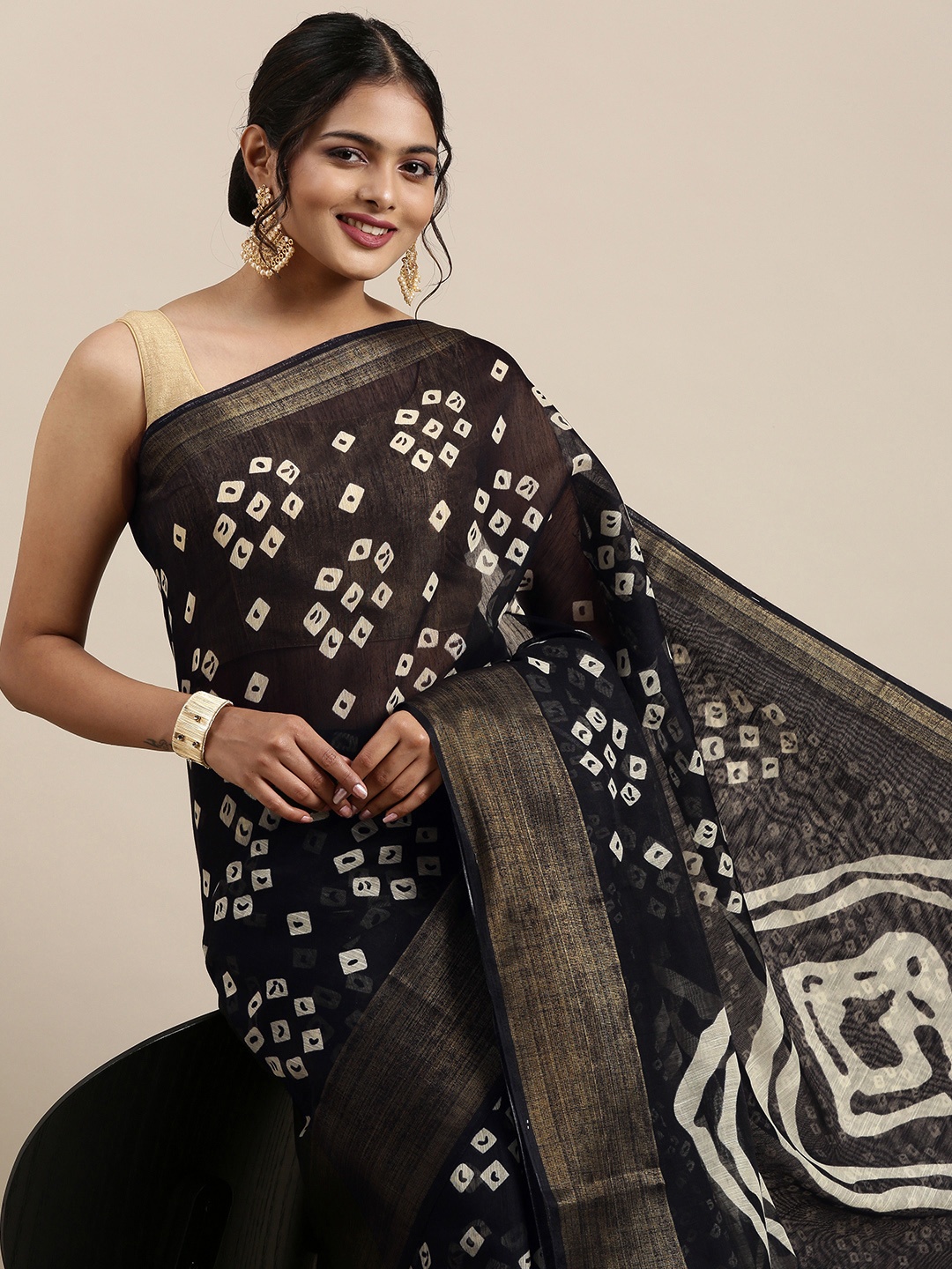 

Mitera Black & Off White Bandhani Printed Pure Georgette Saree