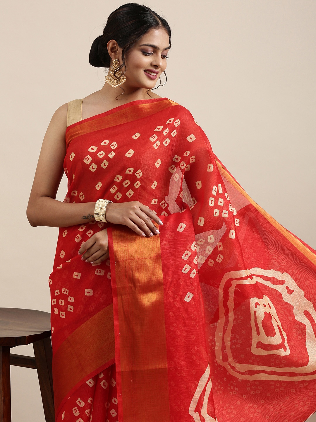 

Mitera Red & Off White Bandhani Printed Pure Georgette Saree