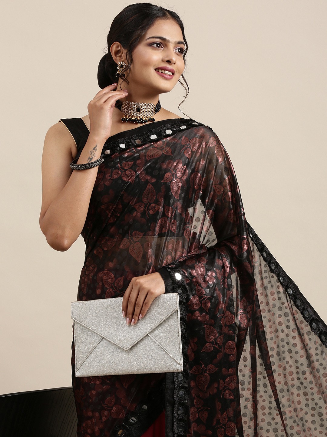 

Mitera Black & Pink Floral Printed Sequinned Pure Georgette Saree