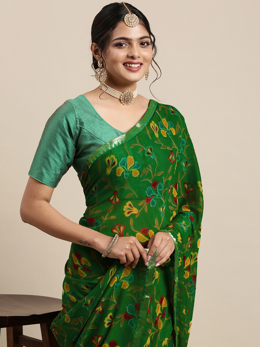 

Mitera Green & Mustard Yellow Ethnic Printed Pure Georgette Saree