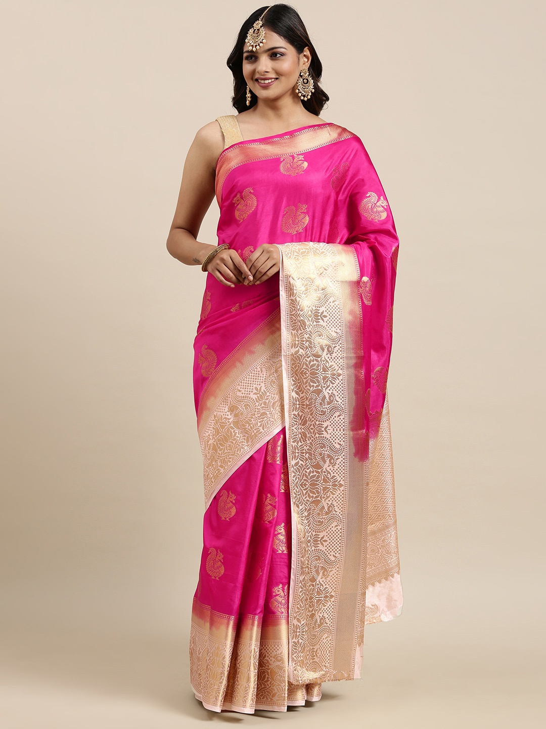 

Mitera Women Pink & Golden Ethnic Motifs Saree