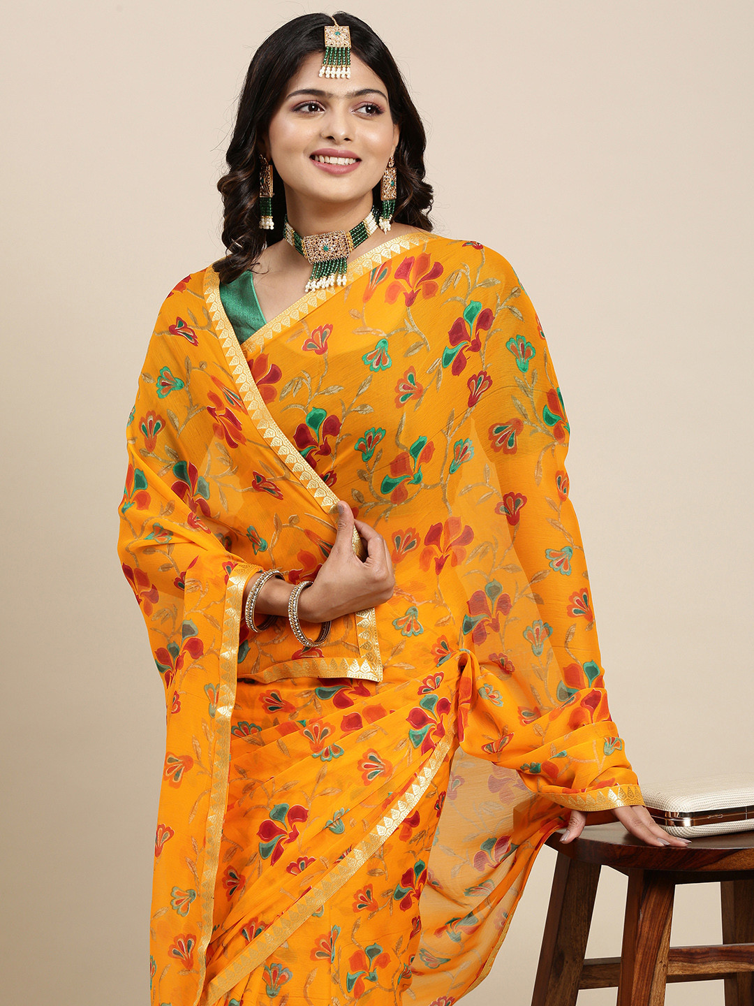 

Mitera Mustard Yellow & Red Ethnic Printed Pure Georgette Saree