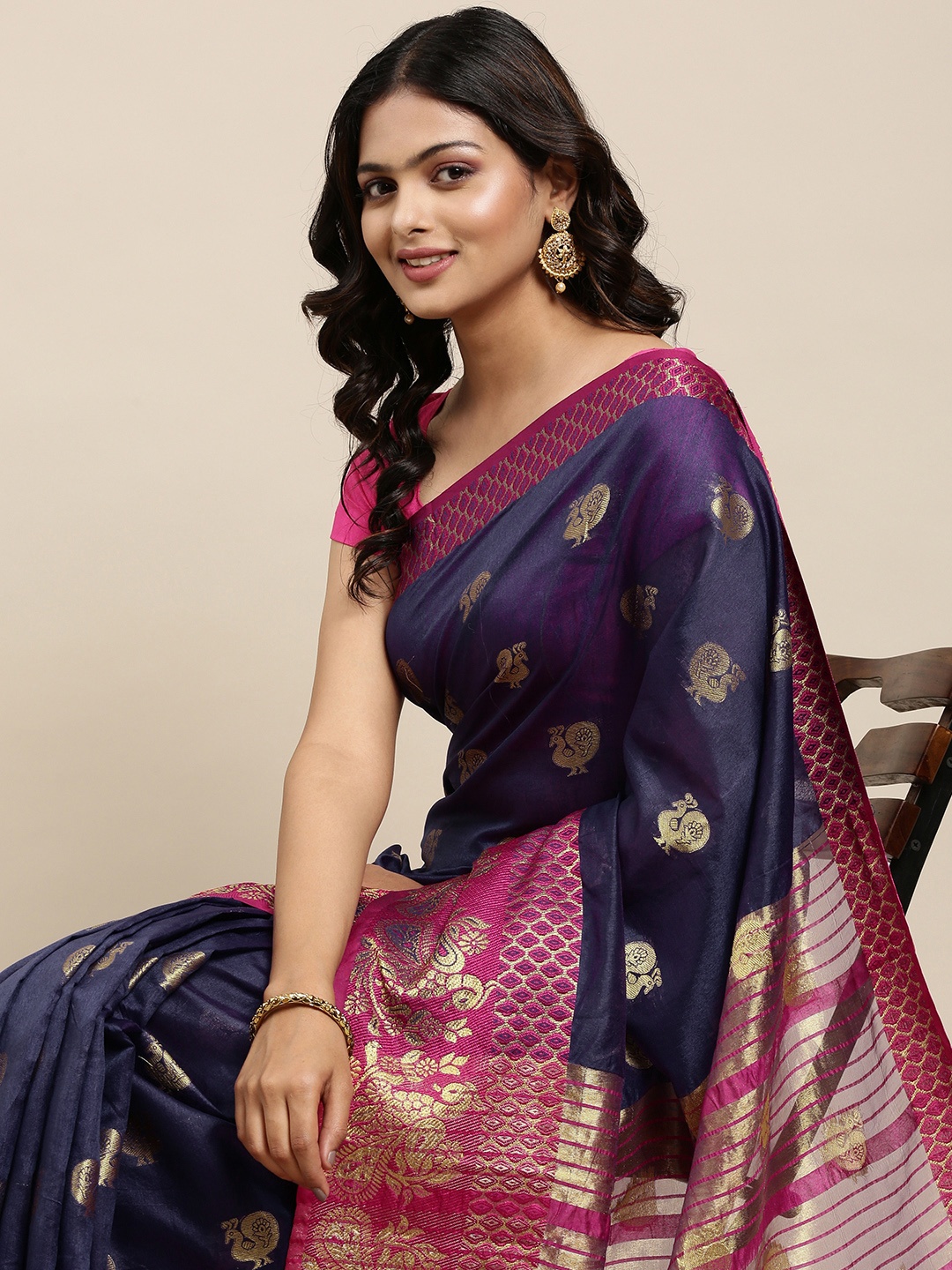 

Mitera Blue & Pink Ethnic Motifs Pure Georgette Saree