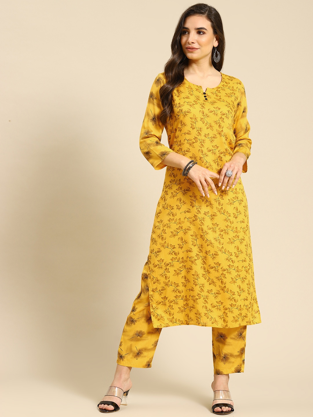 

Prakrti Women Yellow & Brown Floral Print Kurta with Trousers