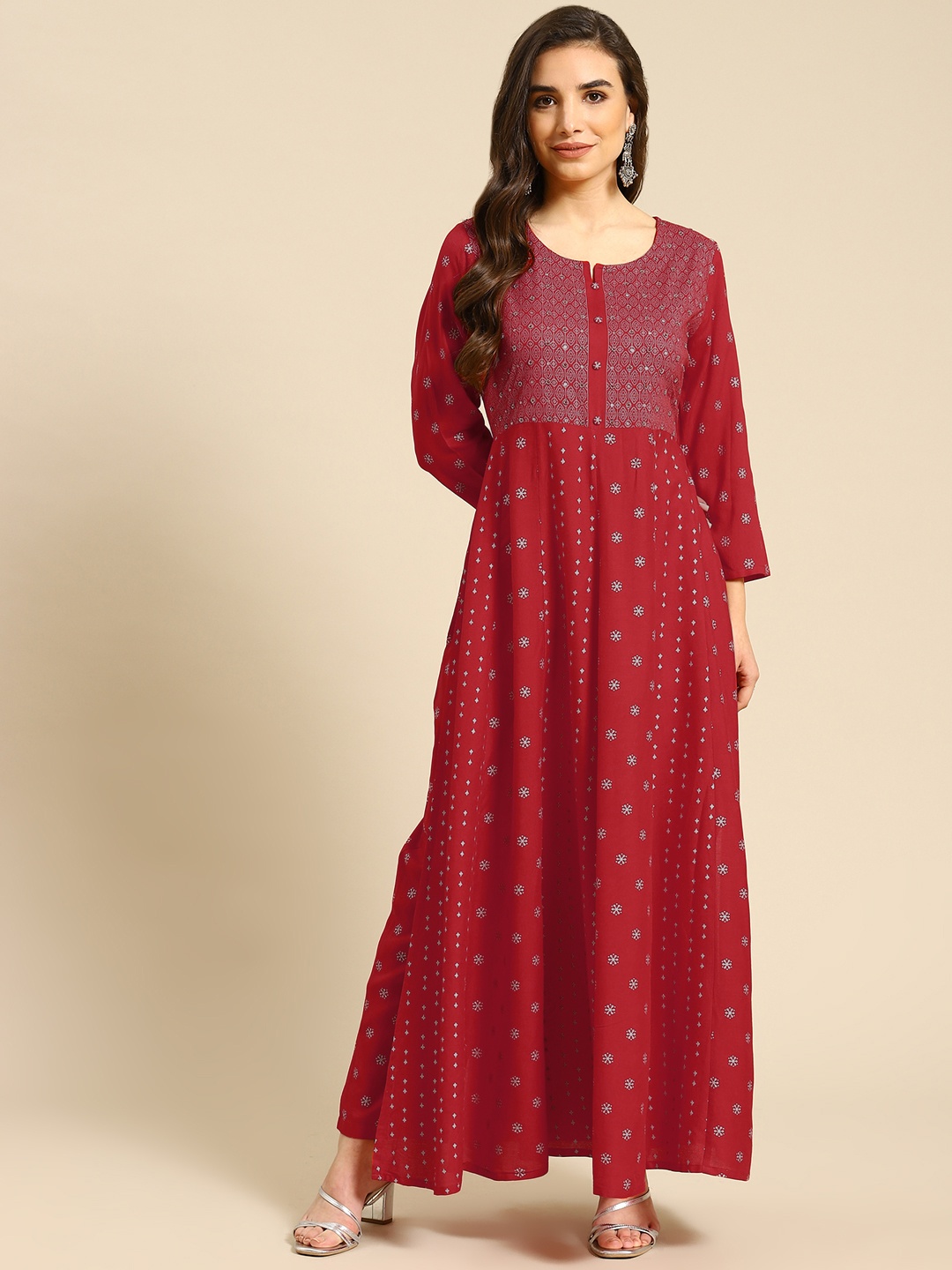 

Prakrti Women Red & Silver Ethnic Motifs Print Kurta with Trousers