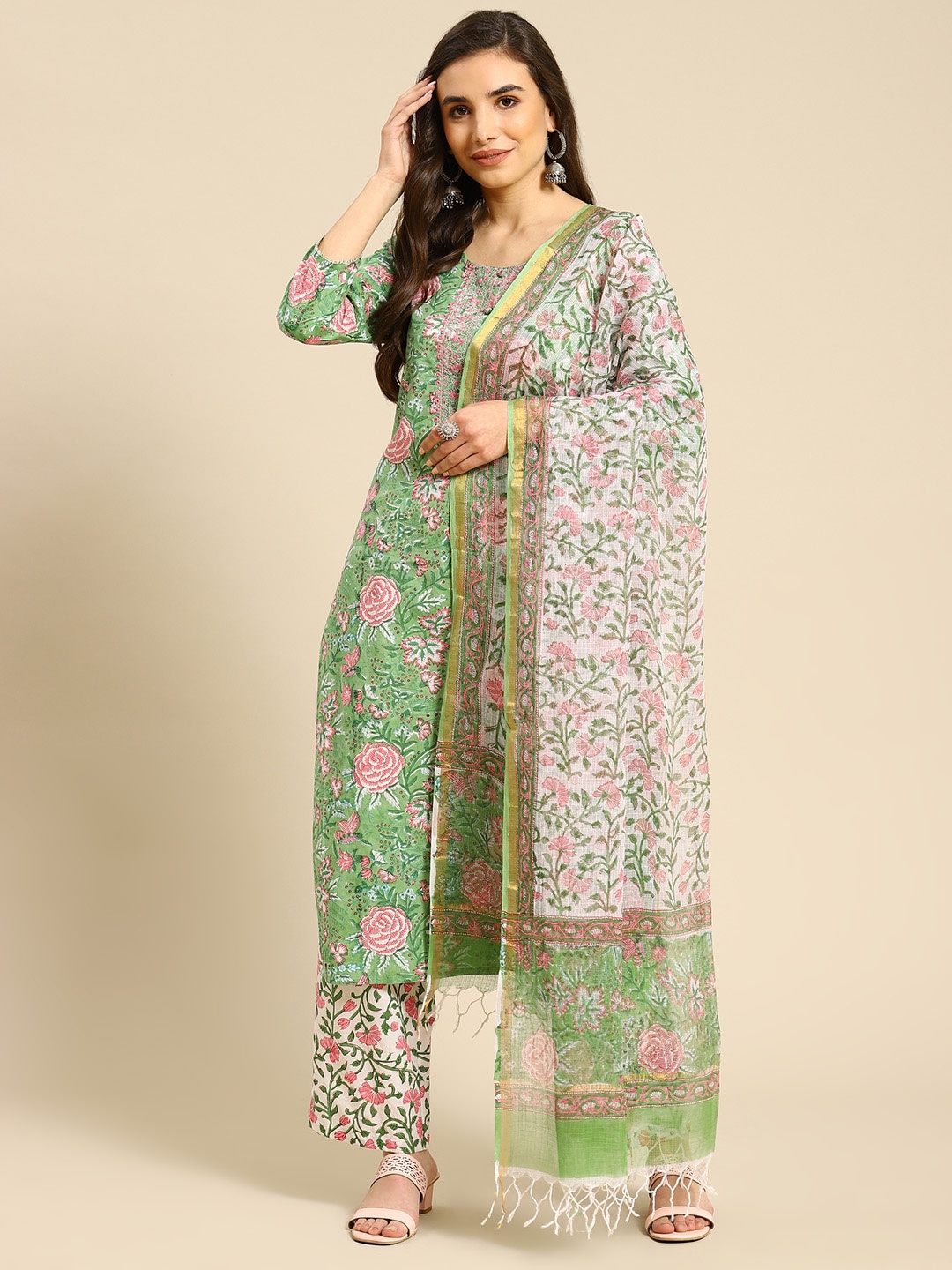 

Prakrti Women Green & Pink Floral Handblock Print Mirror Work Pure Cotton Kurta Set