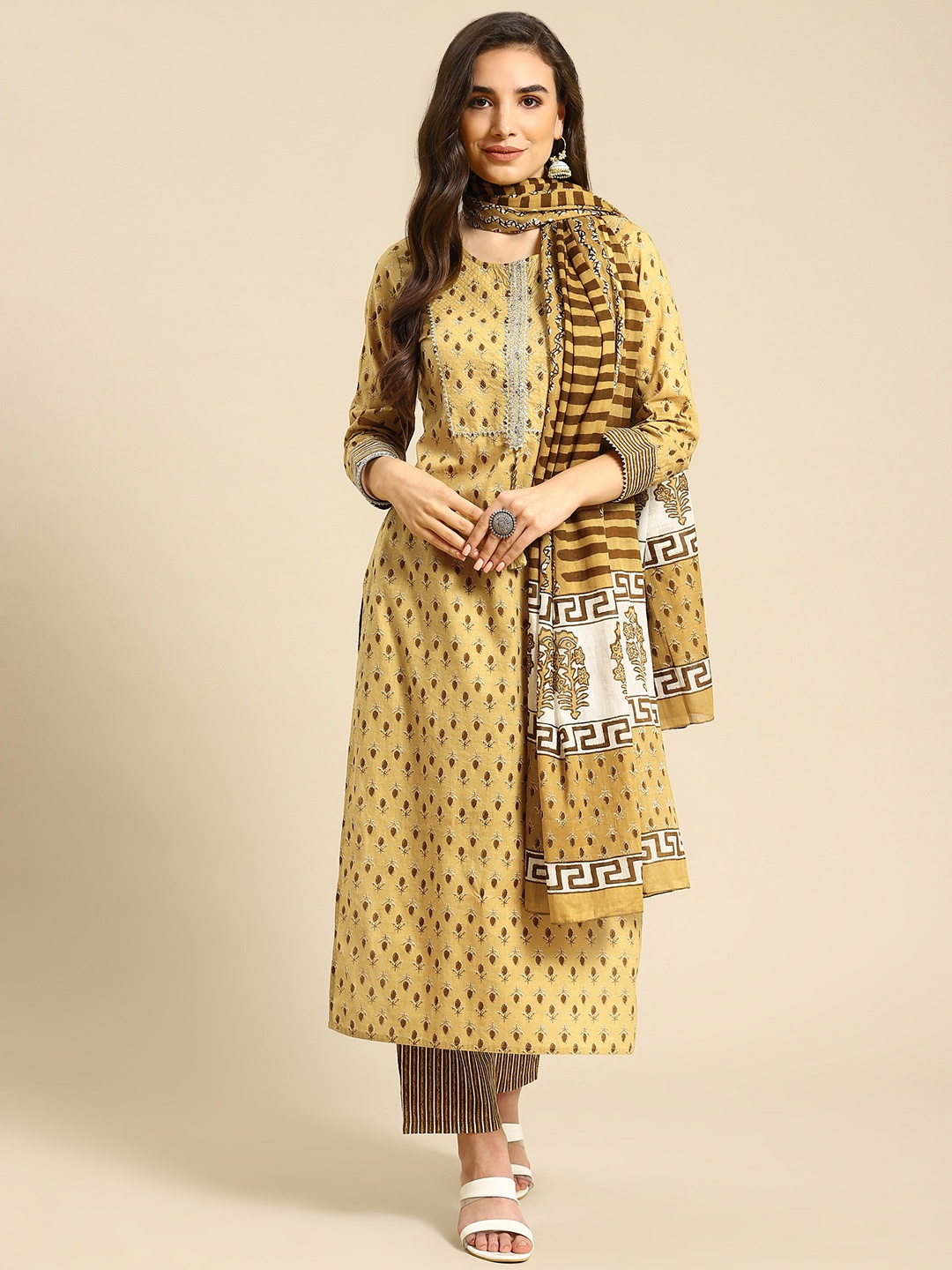 

Prakrti Women Mustard Yellow & Brown Ethnic Motifs Kurta with Trousers & Dupatta