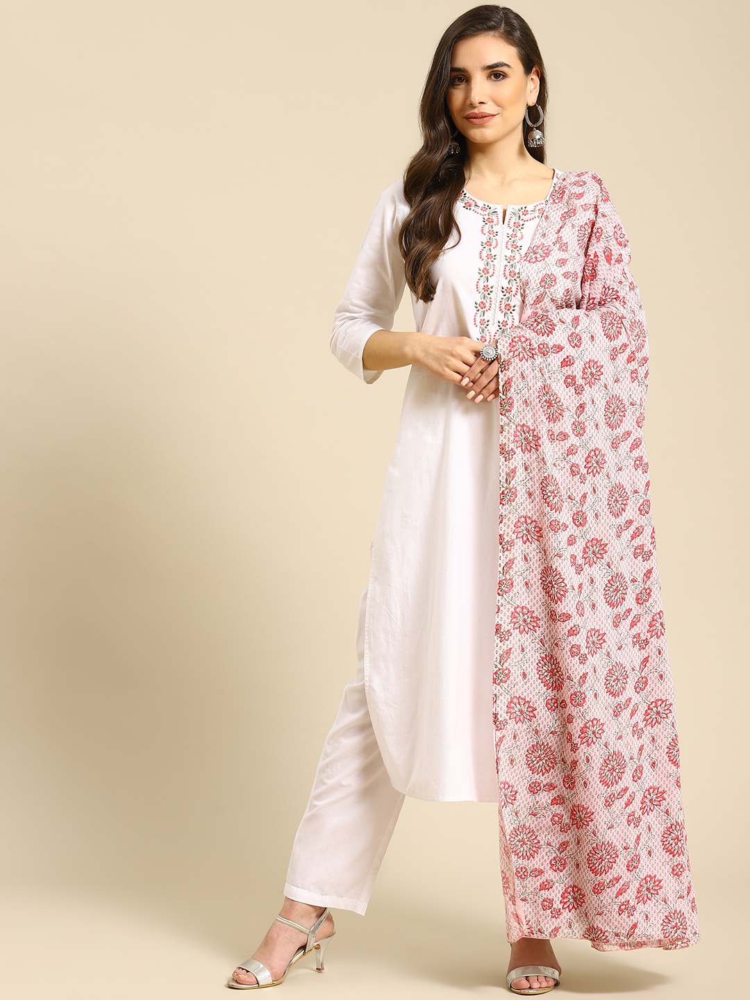 

Prakrti Women White & Pink Floral Embroidered Pure Cotton Kurta with Trousers & Dupatta