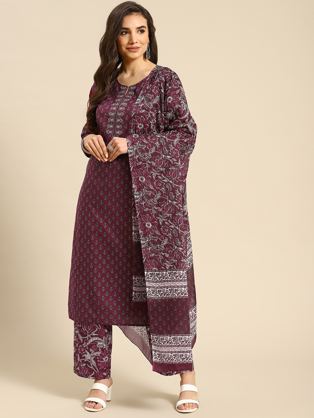 

Prakrti Women Burgundy & Grey Floral Print Pure Cotton Kurta with Trousers & Dupatta