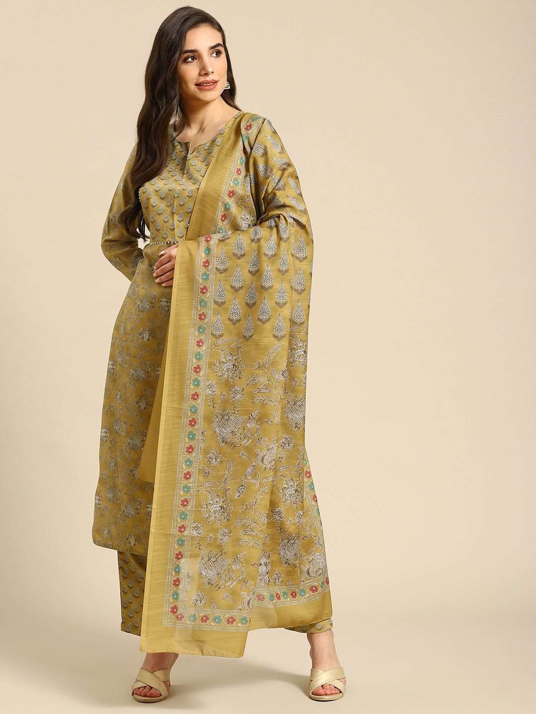 

Prakrti Women Mustard Yellow Floral Print Pashmina Winter Kurta with Trousers & Dupatta