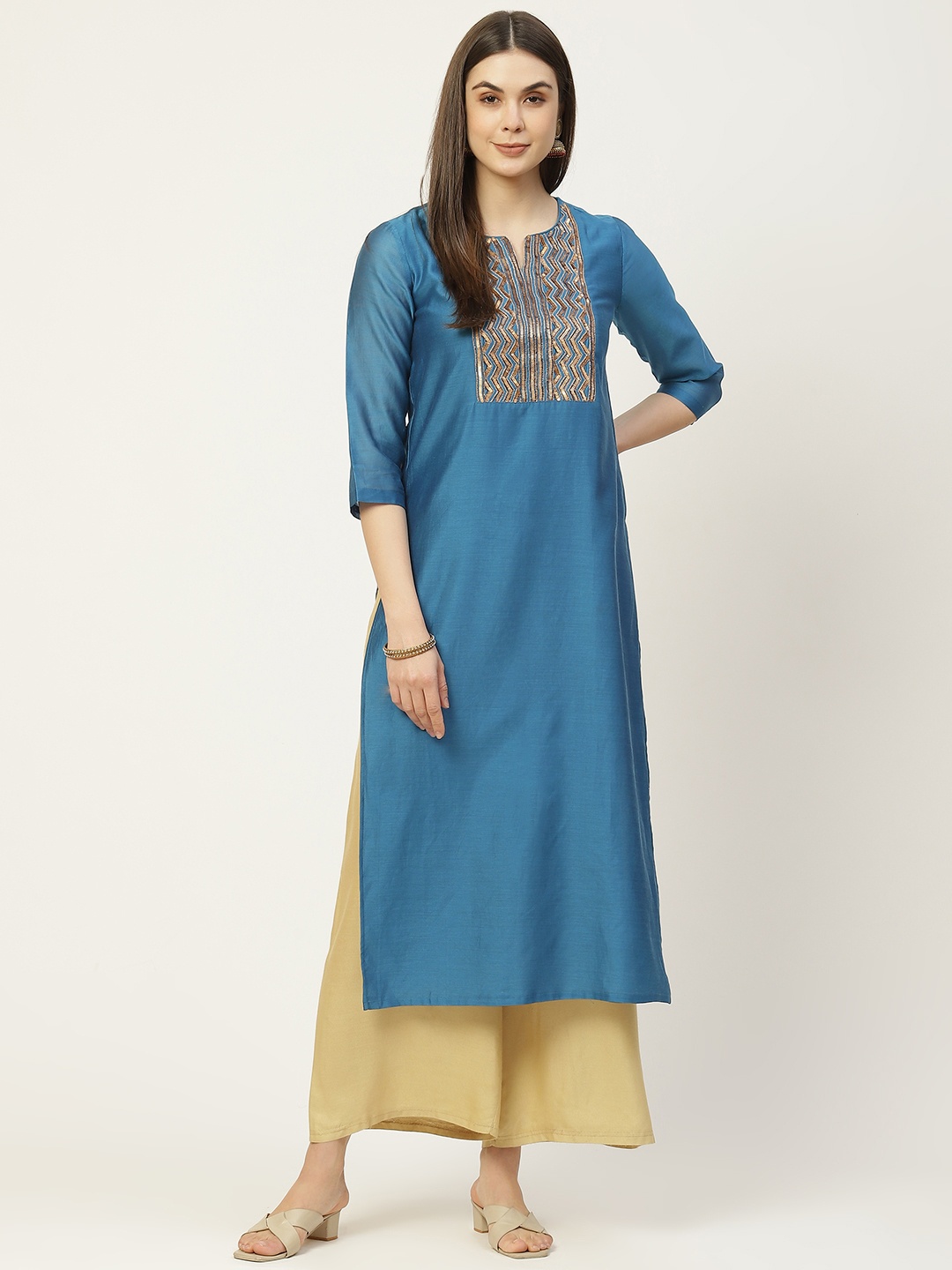

Ancestry Women Navy Blue Ethnic Motifs Yoke Design Kurta