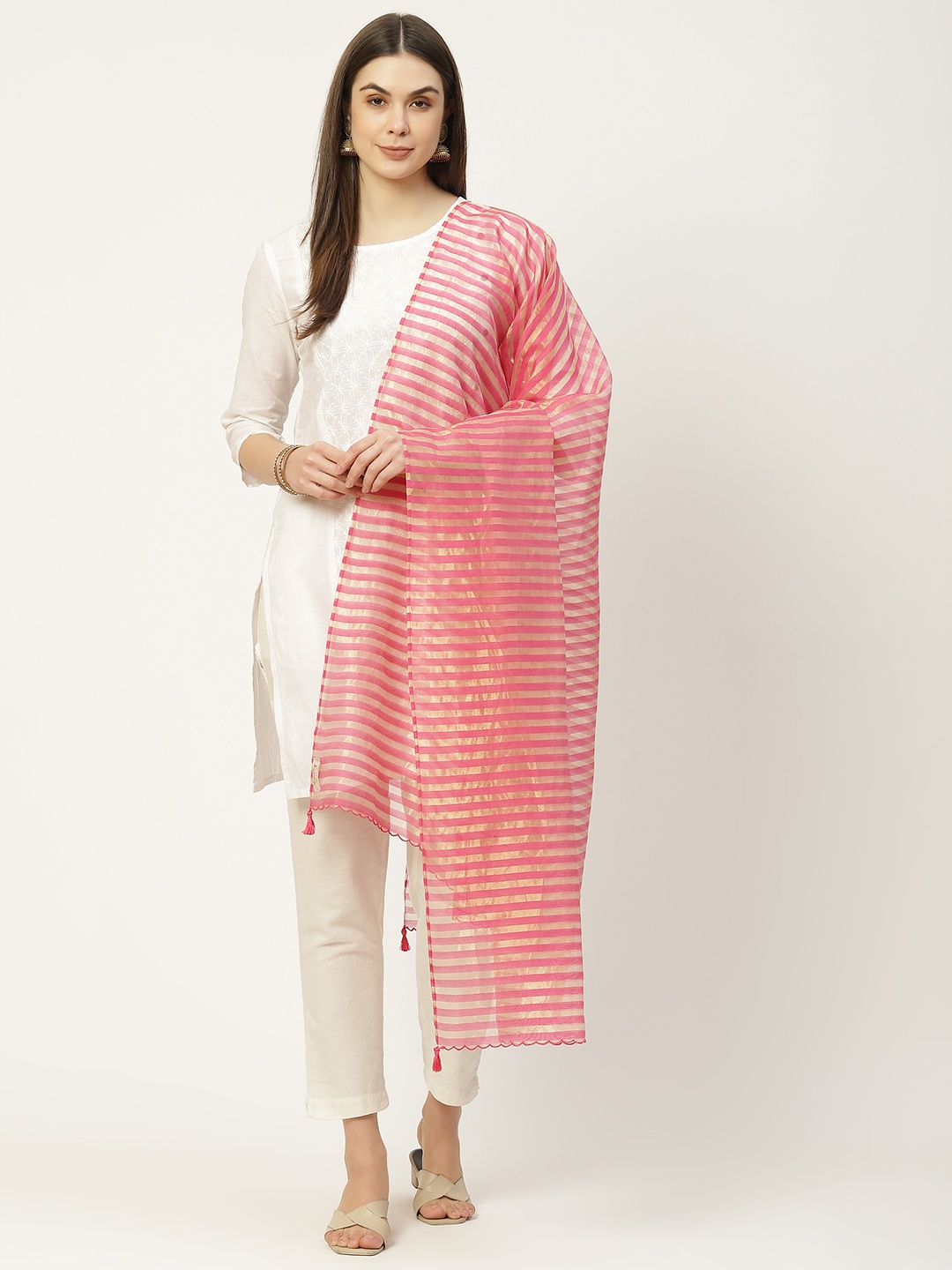 

Ancestry Women Pink & White Striped Dupatta