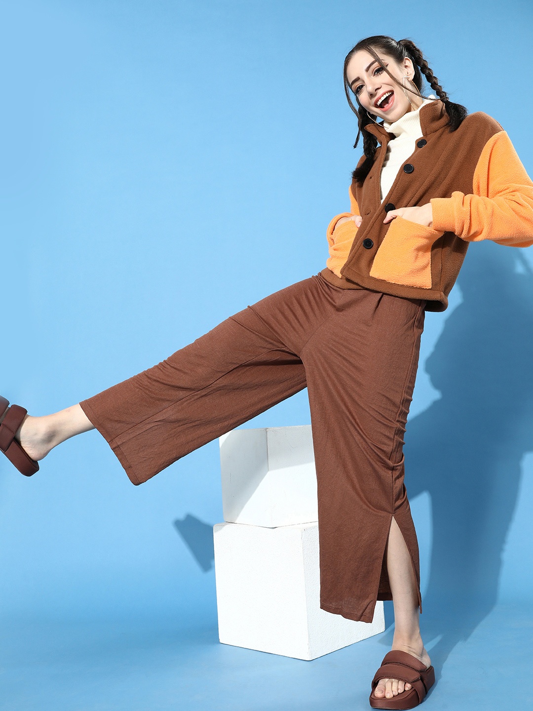 

STREET 9 Women Chic Brown Solid Fleece Tailored Jacket