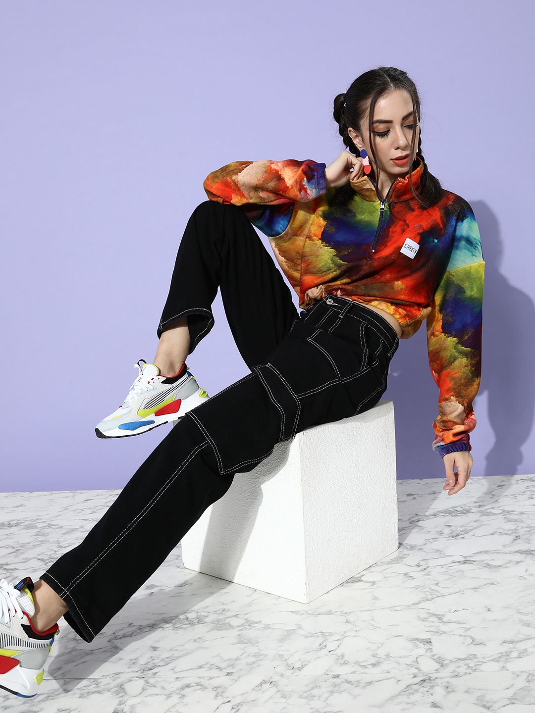 

STREET 9 Women Multi-Coloured Solid Tie and Dye Printed Sweatshirt