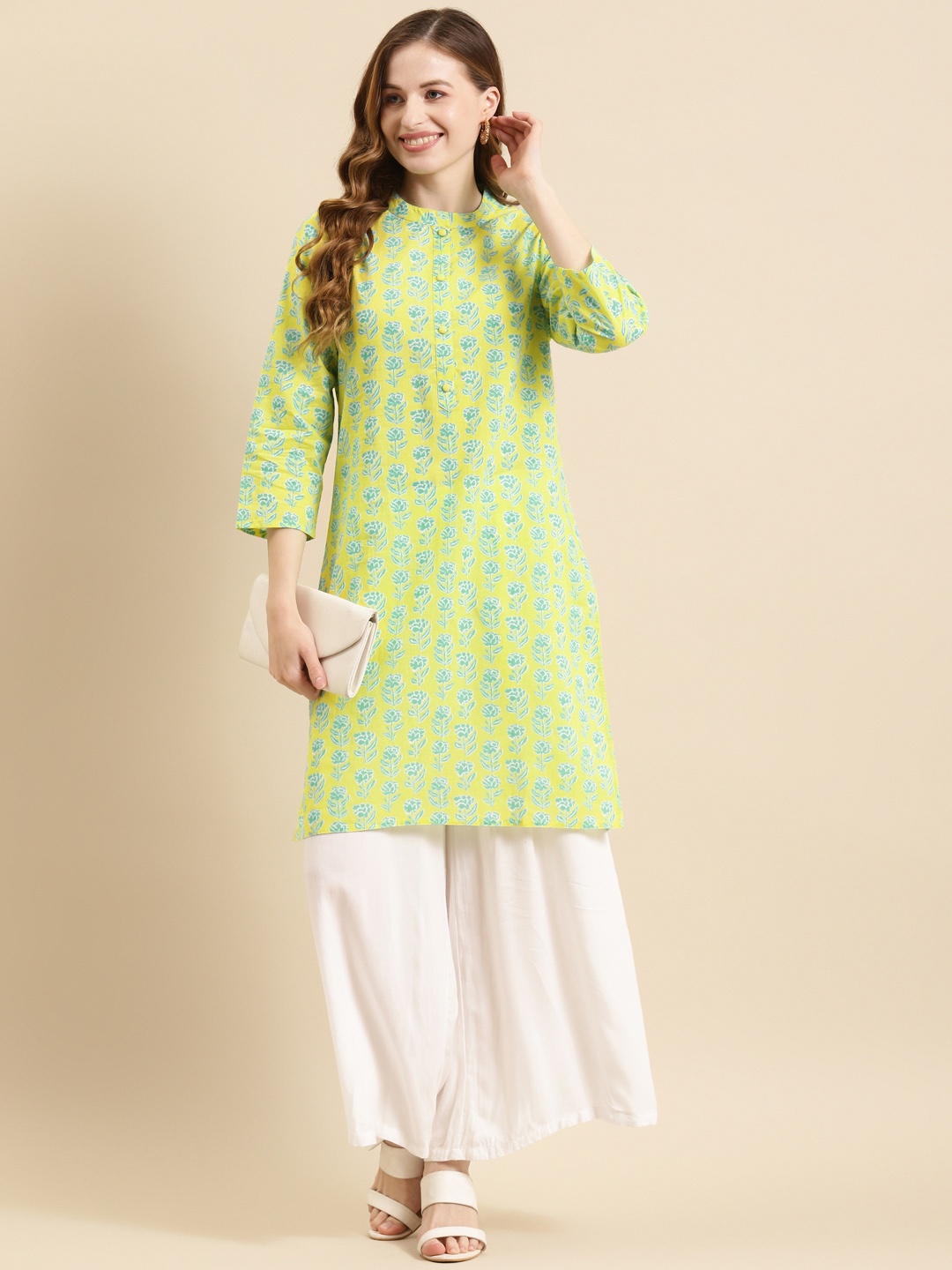 

Prakrti Women Green & Blue Pure Cotton Floral Printed Kurta