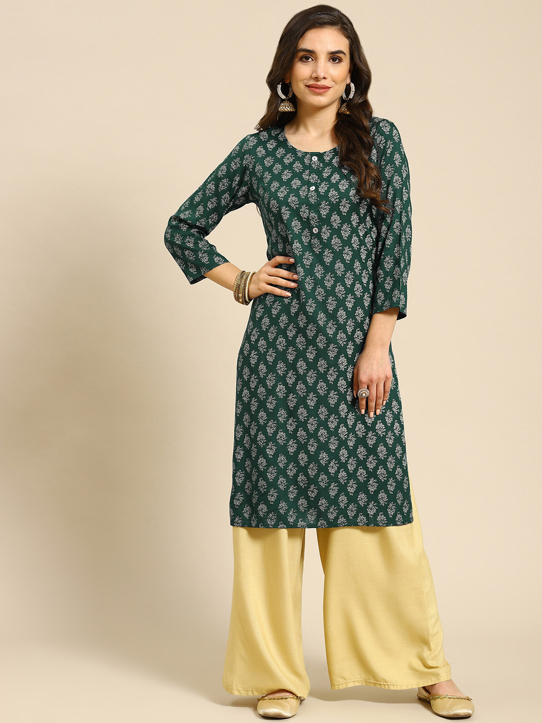 

Prakrti Women Green Block Print Straight Kurta