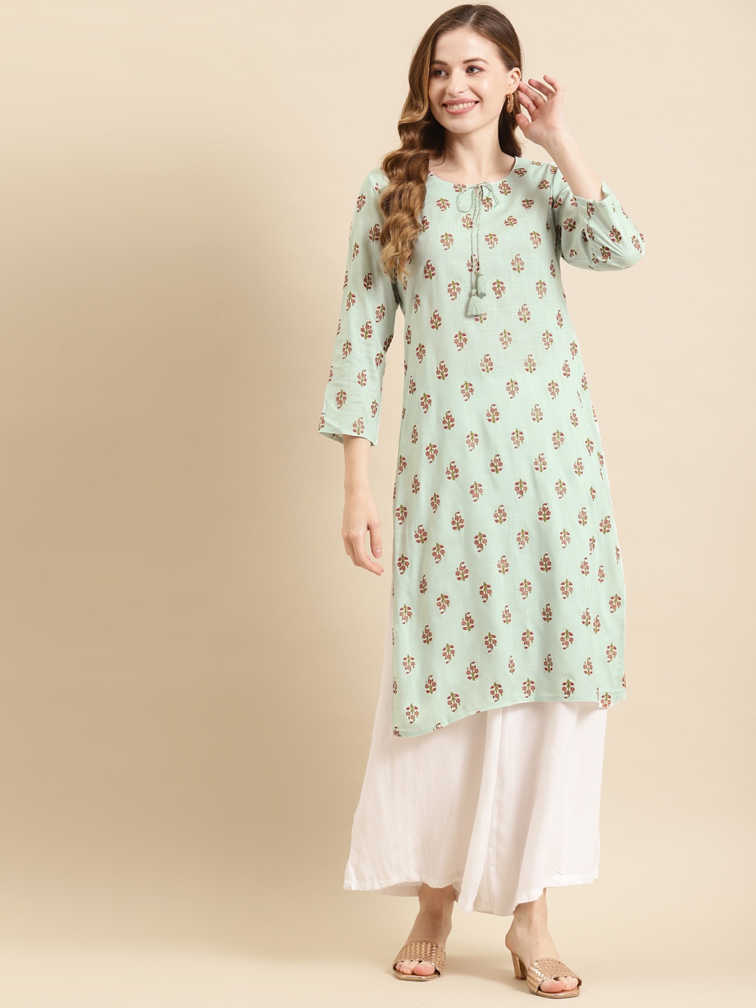 

Prakrti Women Turquoise Blue & Red Ethnic Motifs Printed Kurta