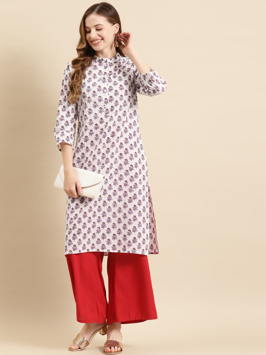 

Prakrti Women White & Red Pure Cotton Floral Print Kurta