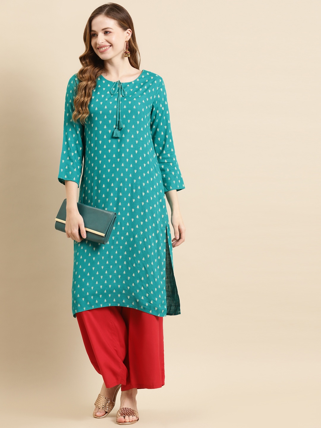 

Prakrti Women Sea Green & Gold-Toned Ethnic Motifs Print Kurta