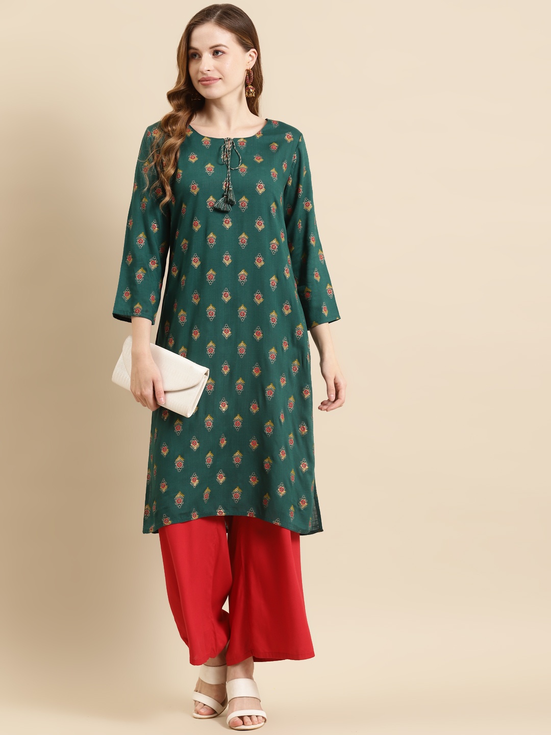 

Prakrti Women Green & Red Block Print Kurta