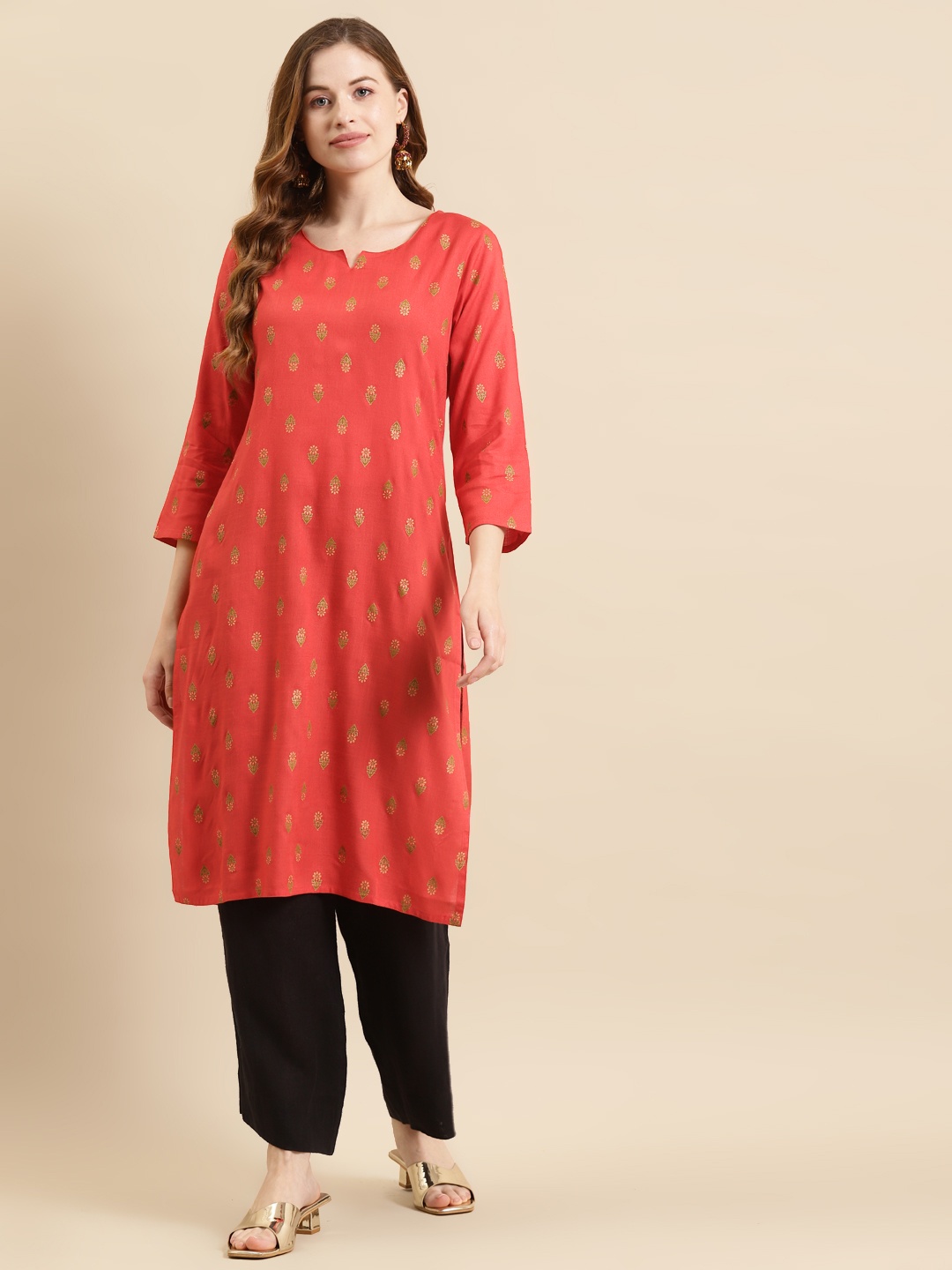 

Prakrti Women Coral Pink Block Print Kurta