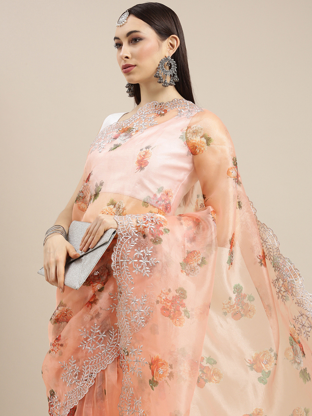 

all about you Peach-Coloured Floral Organza Saree