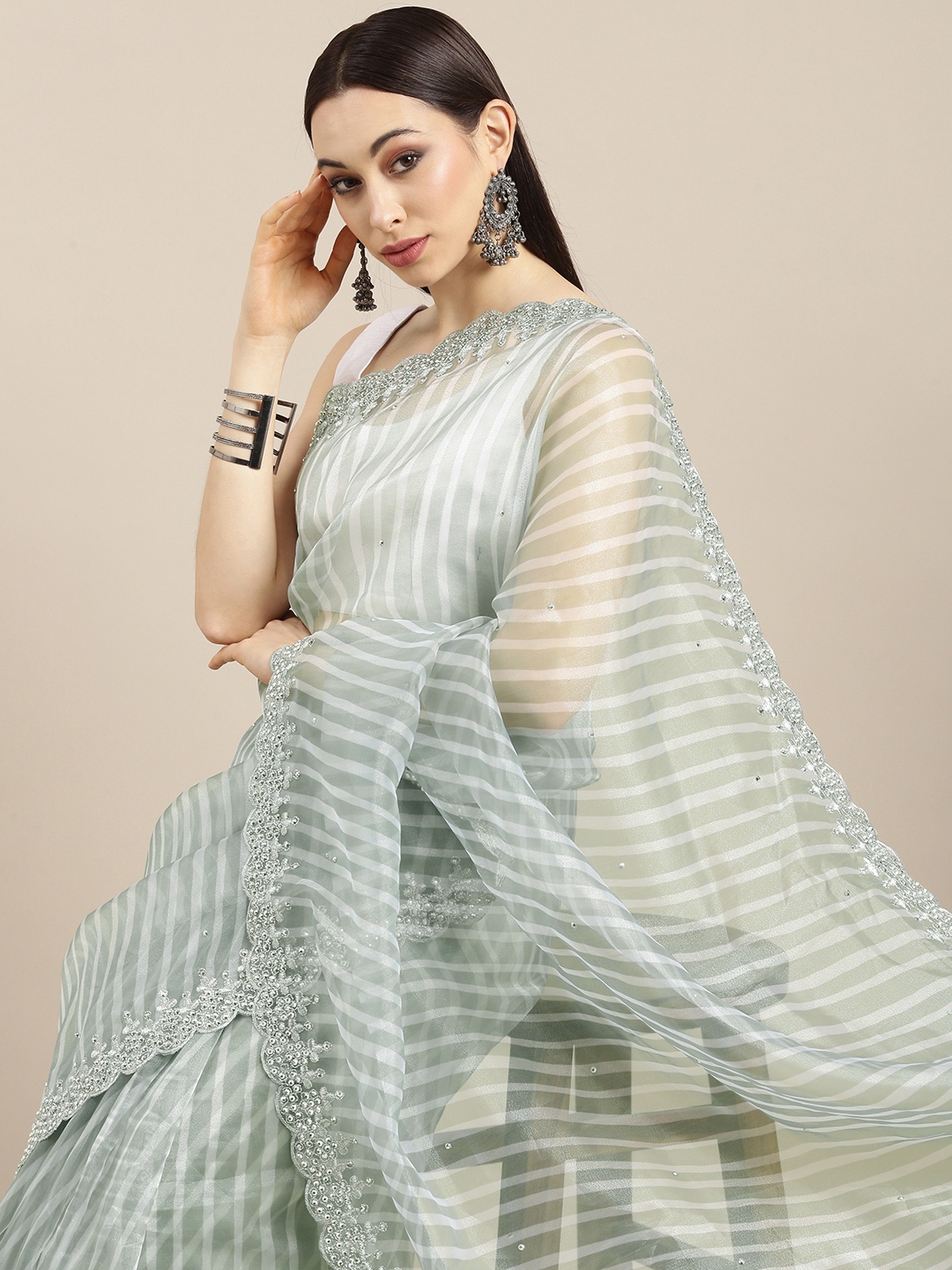 

all about you Grey Leheriya Organza Saree