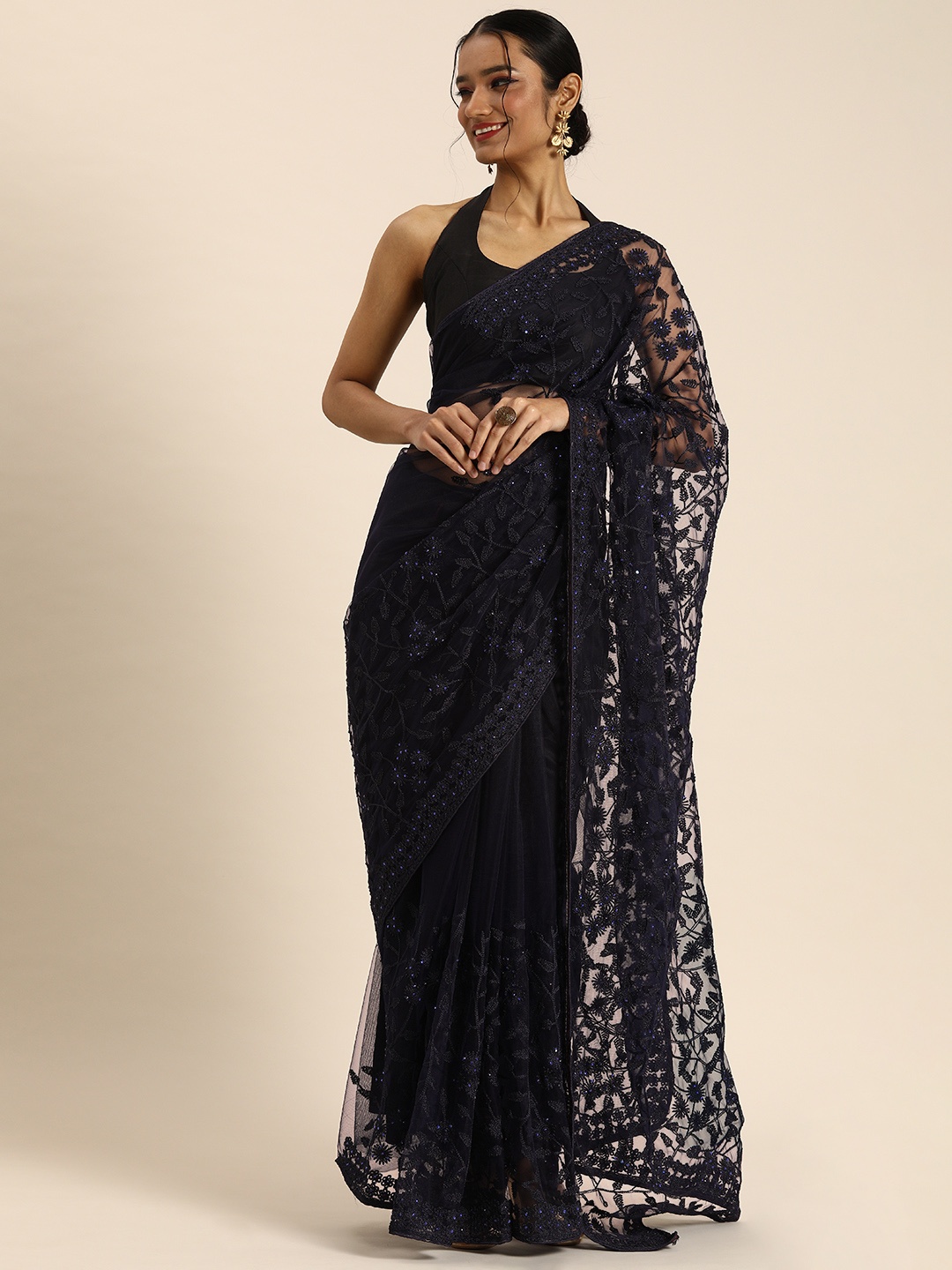 

all about you Navy Blue Floral Embroidered Stone Embellished Net Saree