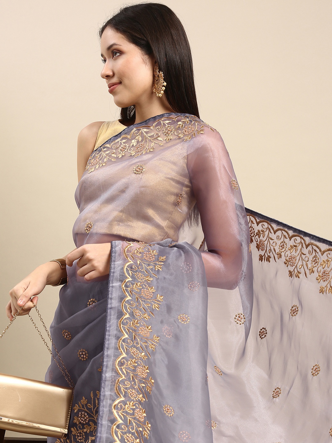 

all about you Lavender & Gold-Toned Ethnic Motifs Beads & Stones Embroidered Organza Saree