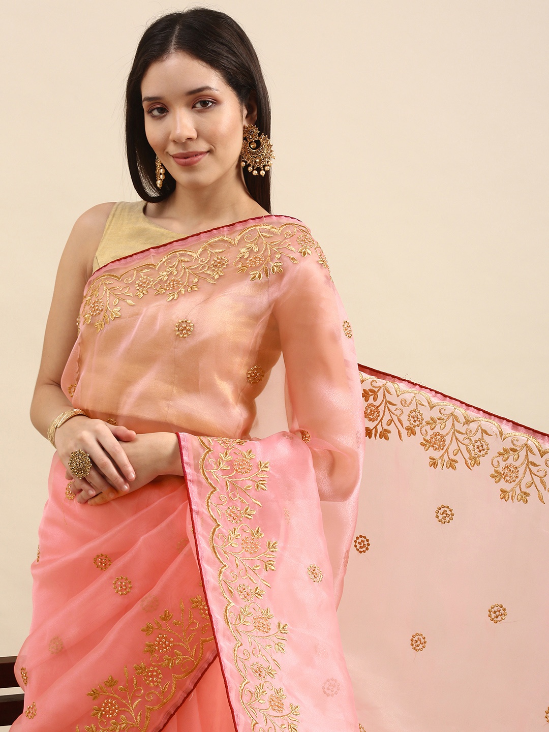 

all about you Pink & Gold-Toned Ethnic Motifs Beads & Stones Embroidered Organza Saree