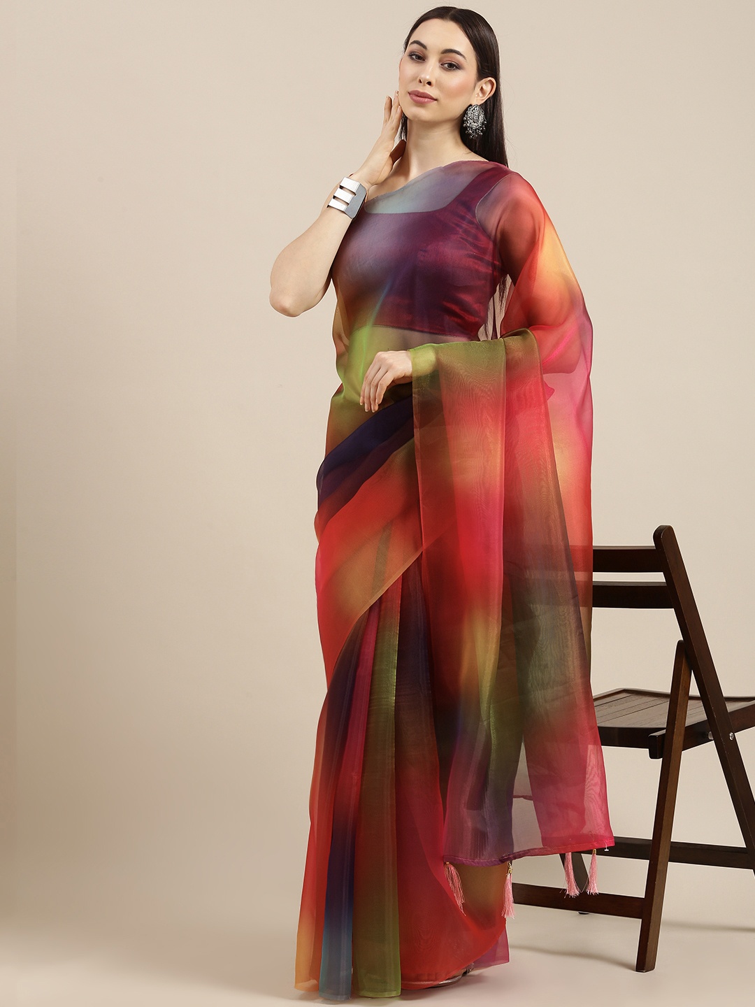 

all about you Multicoloured Tie and Dye Organza Saree, Multi