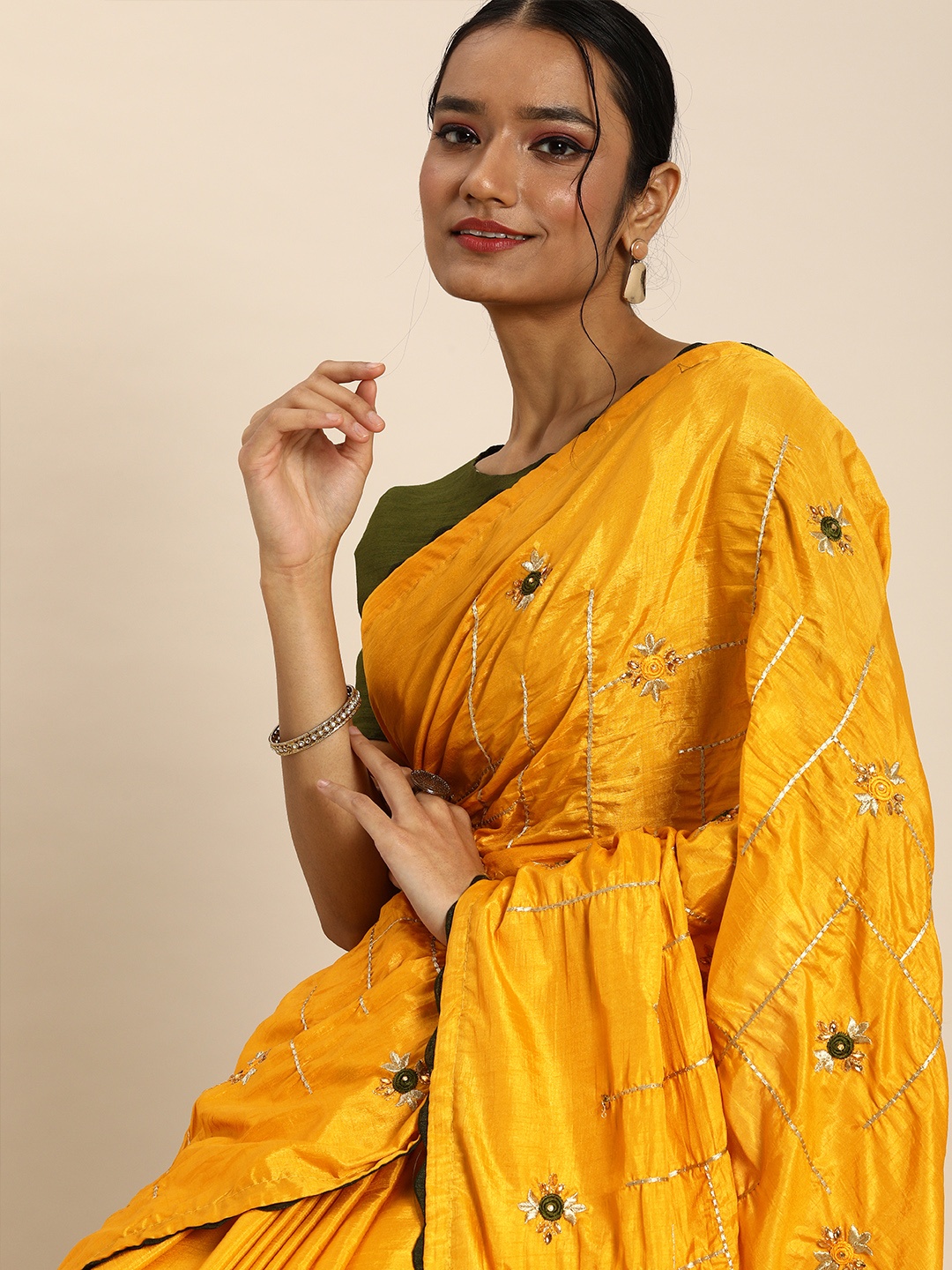 

all about you Mustard Ethnic Motifs Floral Embroidered Net Saree