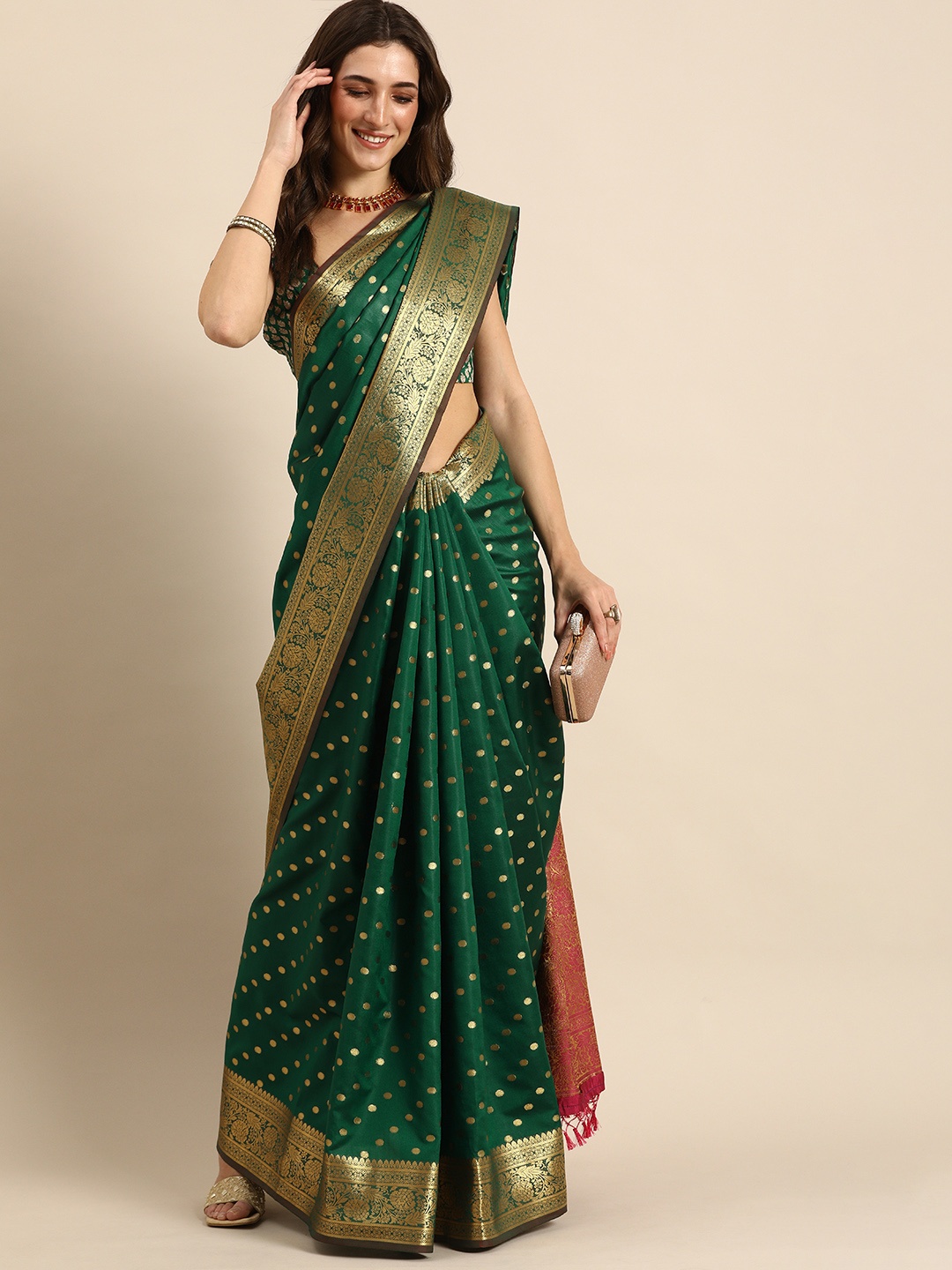 

all about you Green Woven Design Zari Silk Blend Kanjeevaram Saree