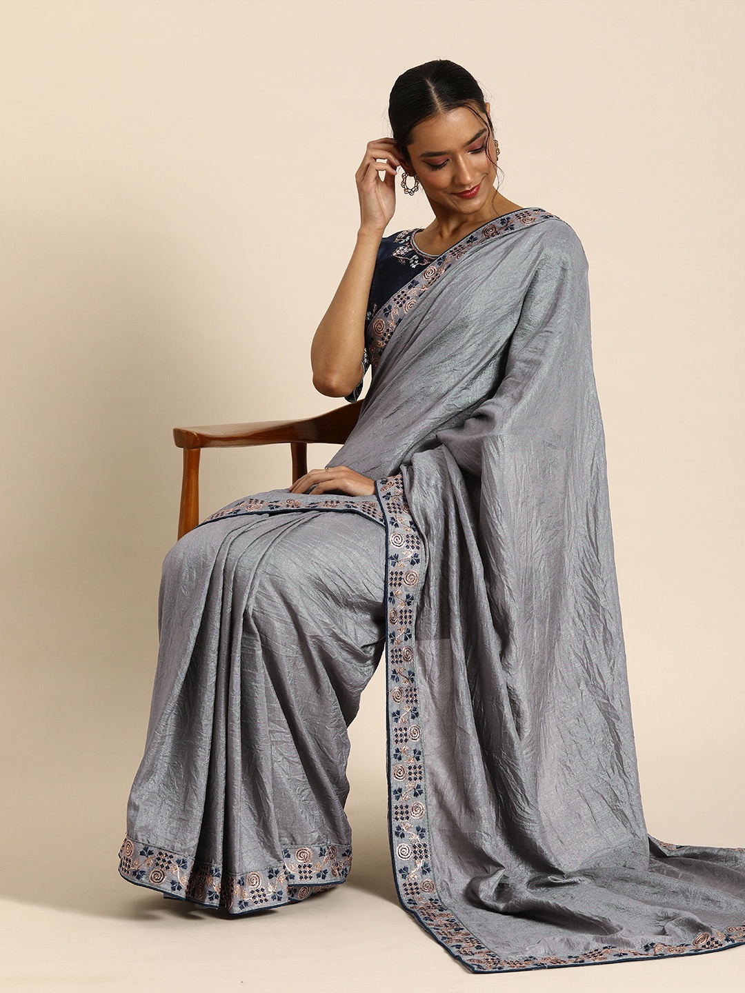 

all about you Grey Solid Saree with Embroidered Border