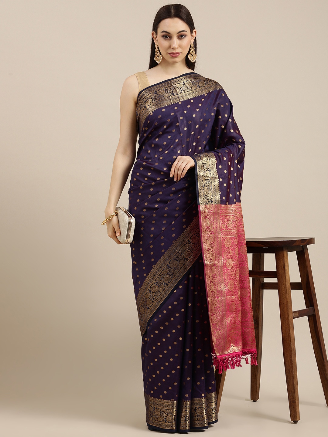 

all about you Purple & Pink Woven Design Zari Silk Blend Kanjeevaram Saree