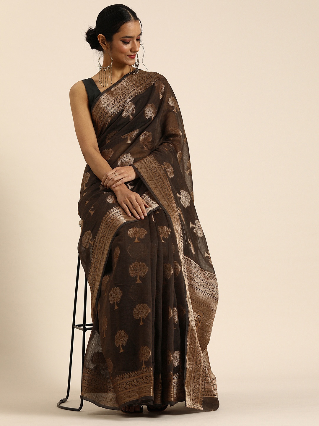 

all about you Brown Woven Design Banarasi Soft Cotton Saree