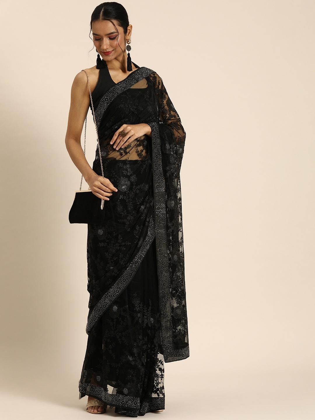 

all about you Black Floral Floral Embroidered Stone Embellished Net Saree