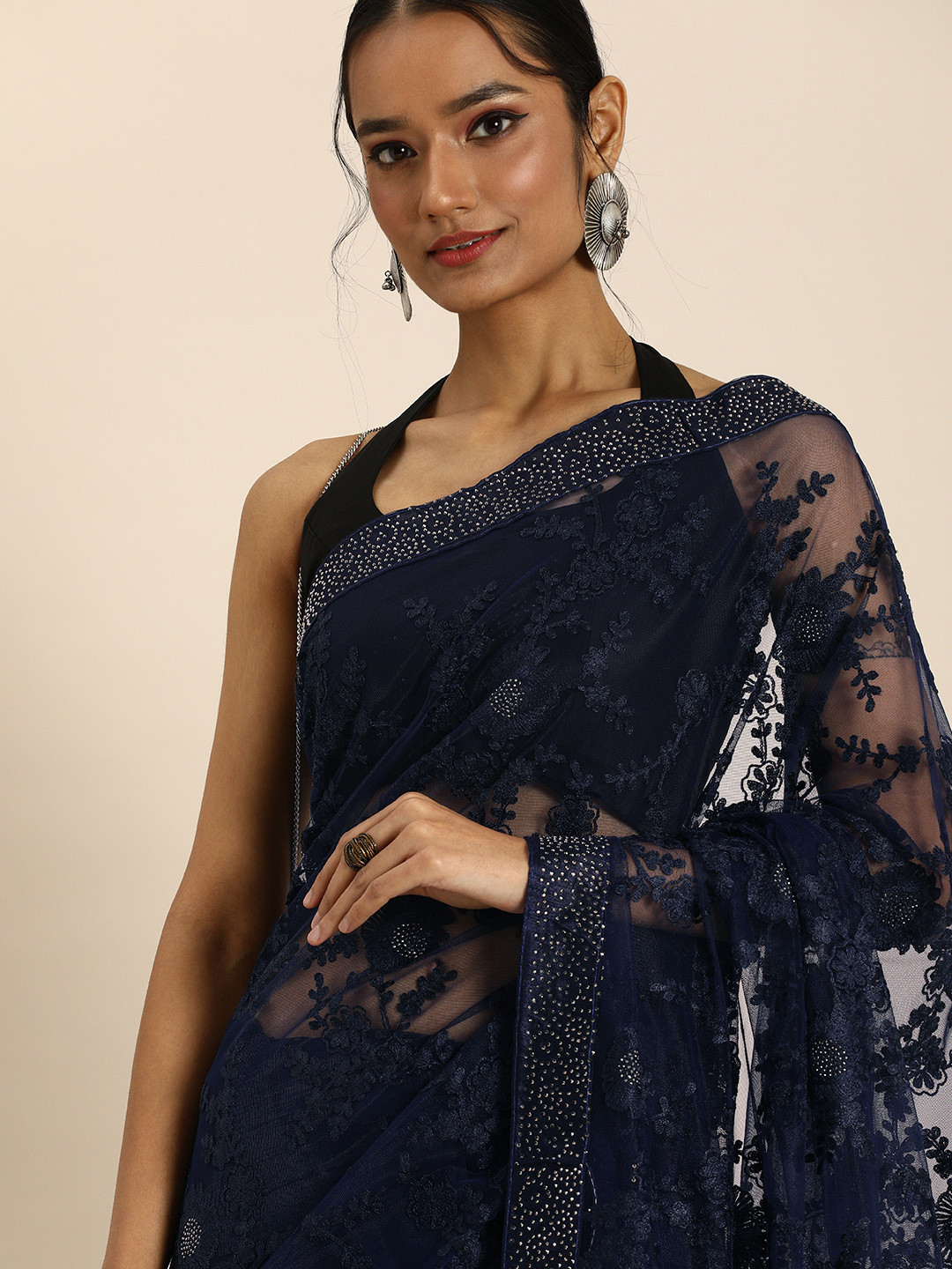 

all about you Navy Blue Floral Floral Embroidered Stone Embellished Net Saree