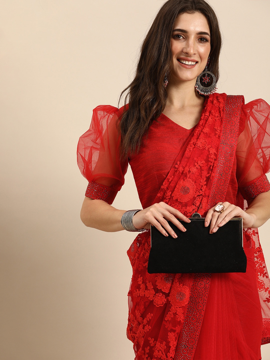 

all about you Red Floral Net Saree