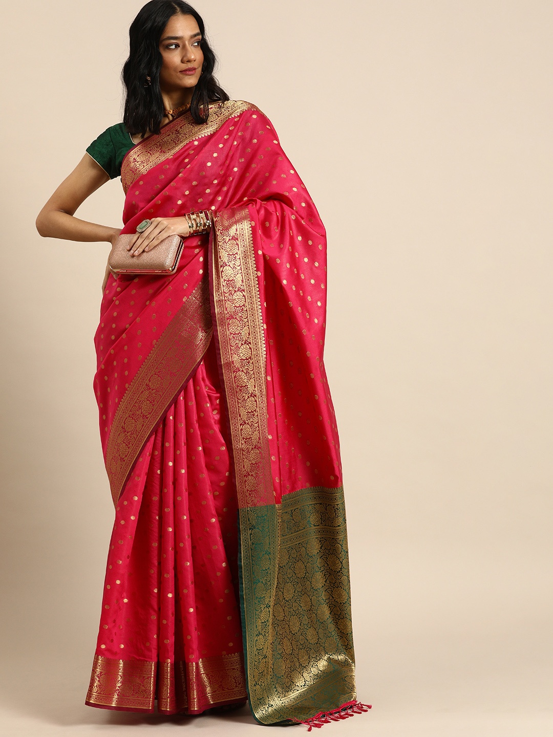 

all about you Pink Woven Design Silk Blend Kanjeevaram Saree