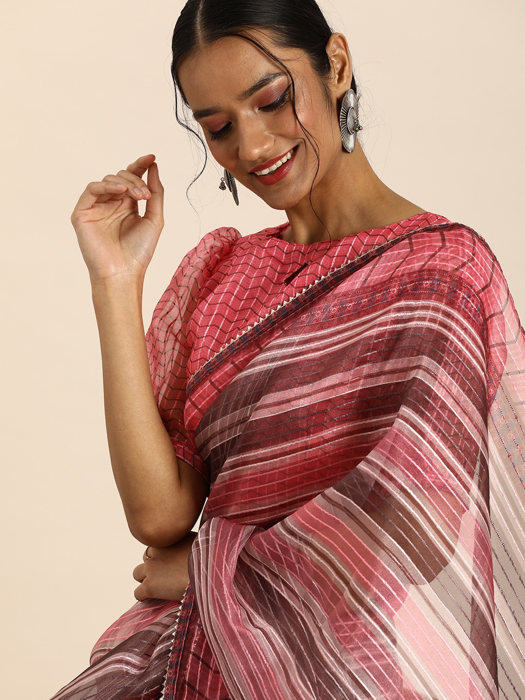 

all about you Pink Striped Organza Saree