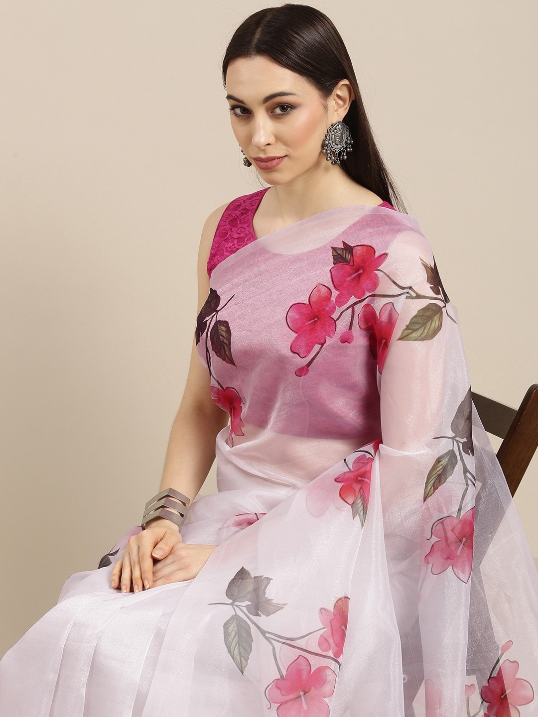

all about you Off White & Pink Floral Organza Saree