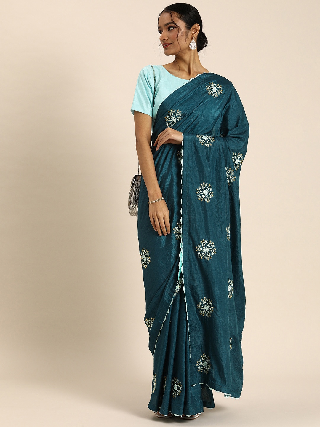 

all about you Teal Blue Ethnic Motifs Embroidered Saree