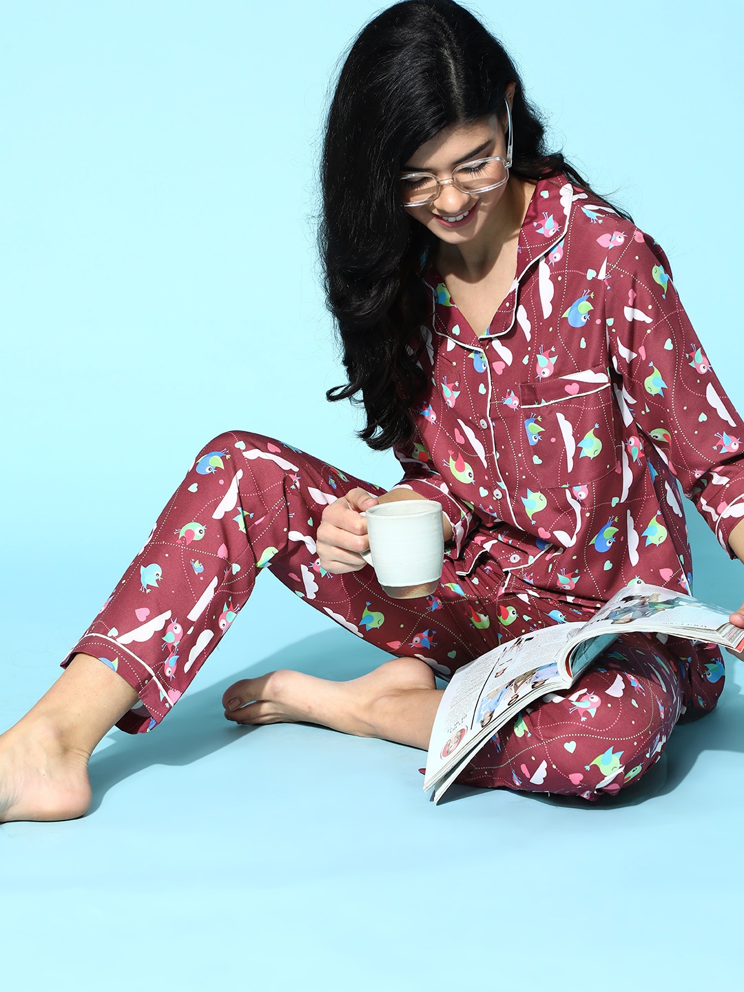 

Bannos Swagger Women Charming Maroon Conversational Printed Night Suit